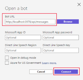 Screenshot delle impostazioni del bot aperte del Bot Framework Emulator.