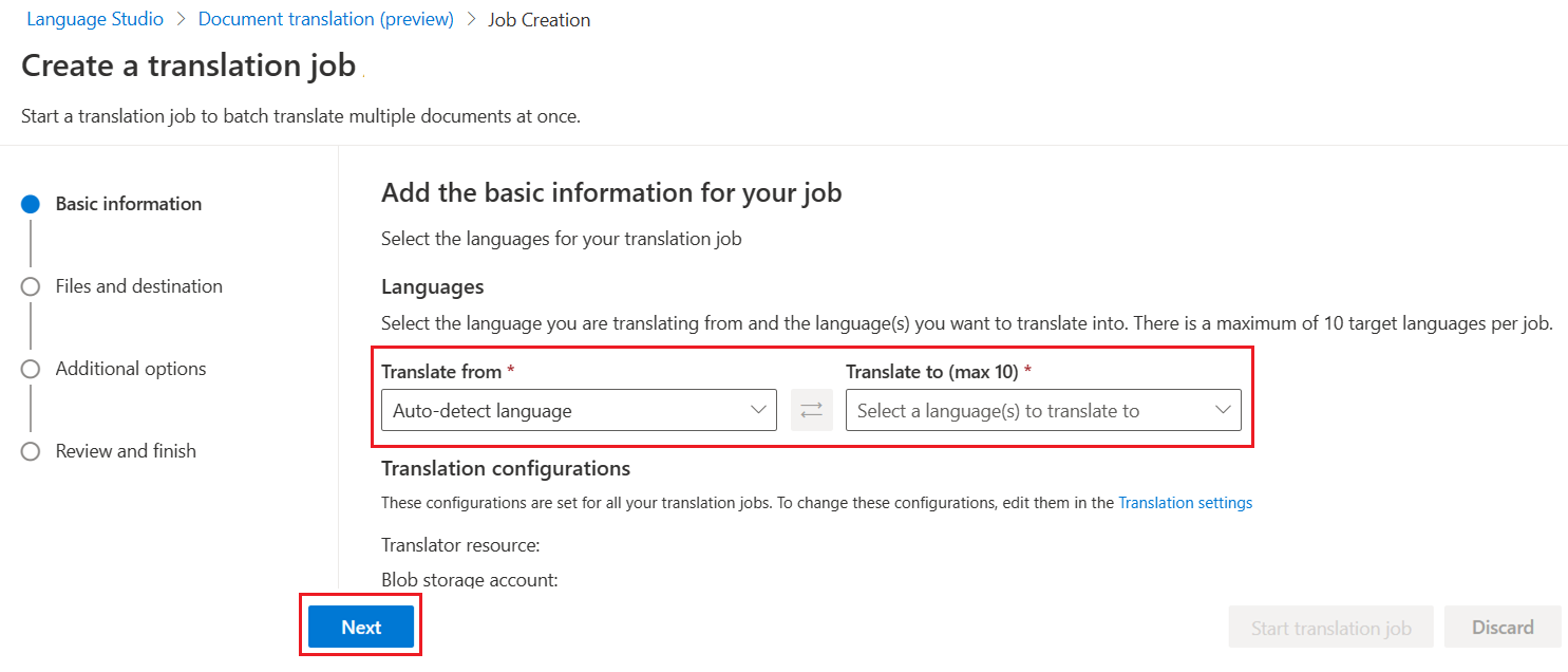 Screenshot della pagina delle informazioni di base di Language Studio.
