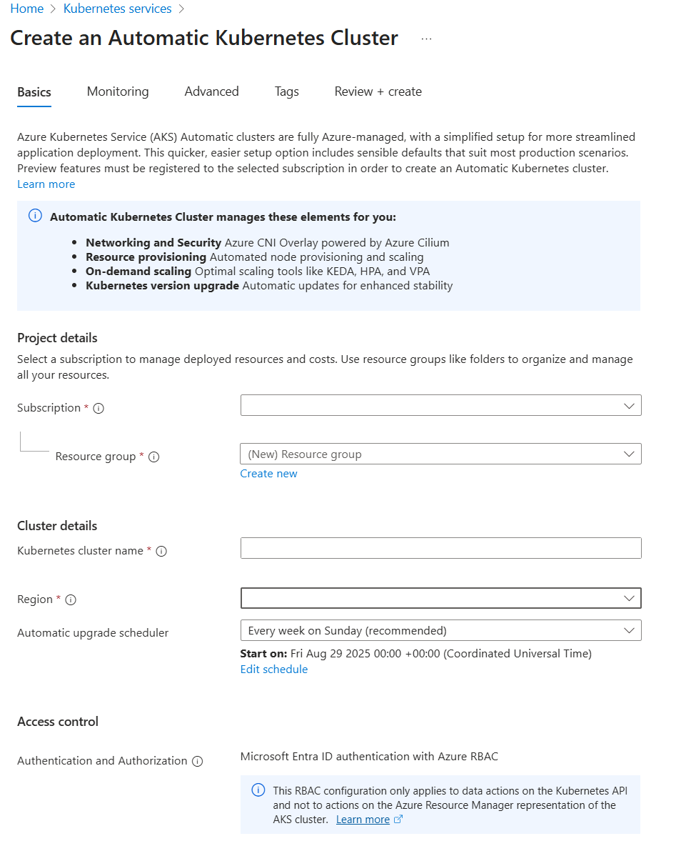 Screenshot della scheda Crea - Informazioni di base per un cluster del Servizio Azure Kubernetes automatico nel portale di Azure.