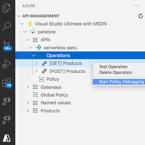 Screenshot dell'avvio di una sessione di debug dei criteri in Visual Studio Code.