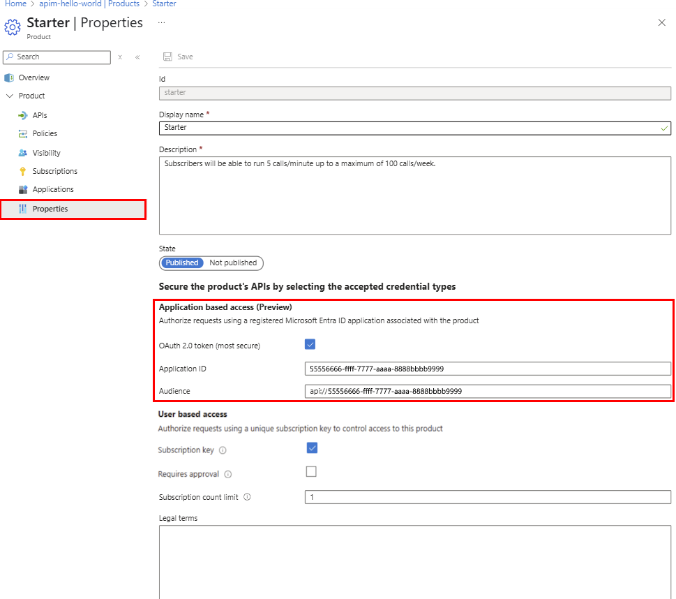 Screenshot delle impostazioni dell'applicazione del prodotto nel portale.