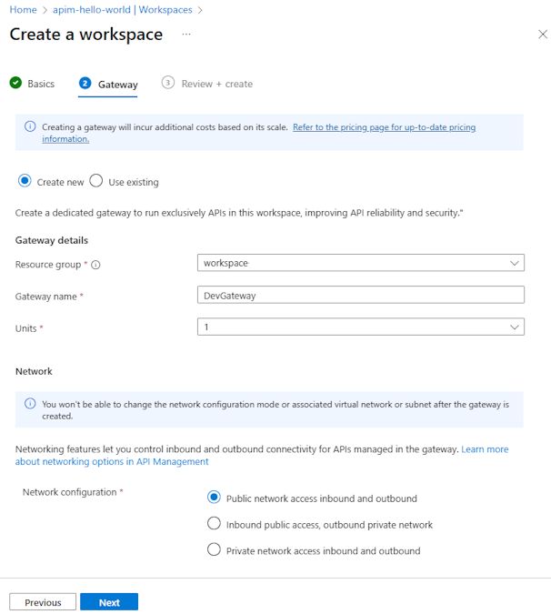 Screenshot della creazione di un gateway dell'area di lavoro nel portale.