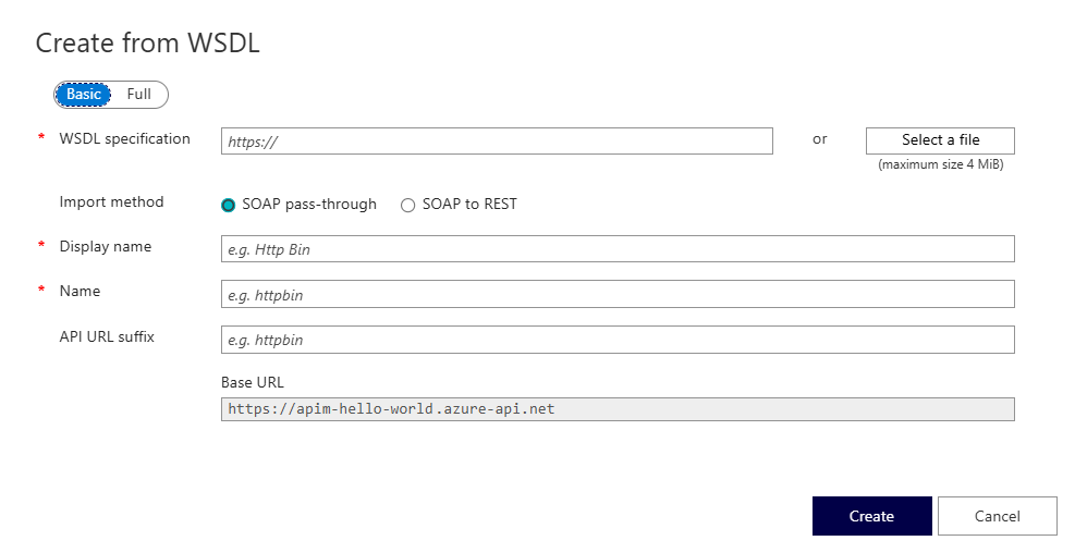 Screenshot che mostra la pagina Crea da WSDL.