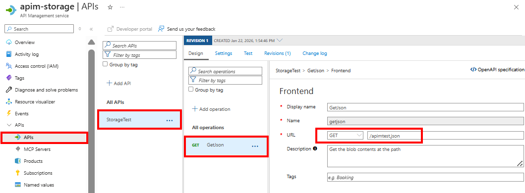Screenshot che mostra un'operazione API di esempio per accedere a un contenitore BLOB nel portale.