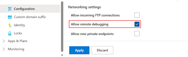 Screenshot che mostra come abilitare il debug remoto per un ambiente del servizio app nel portale di Azure.