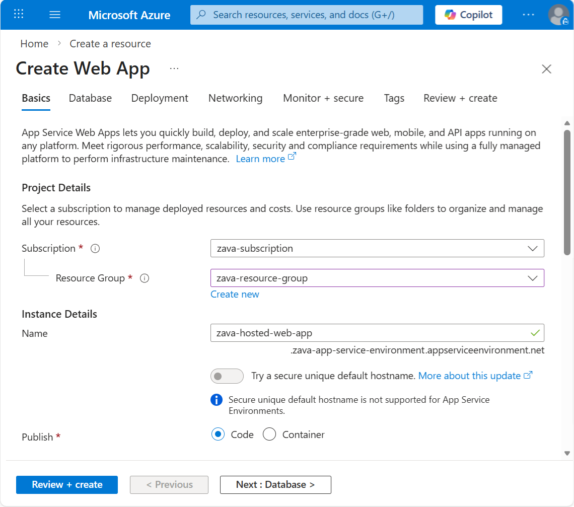 Screenshot che illustra come creare un'app Web in un App Service Environment nel Azure portal.