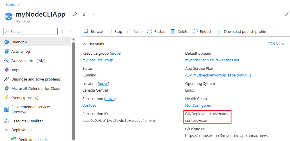 Screenshot che mostra il nome utente della distribuzione Git nella pagina di panoramica.