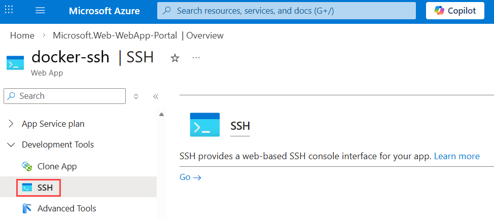 Screenshot che mostra il SSH del servizio App.
