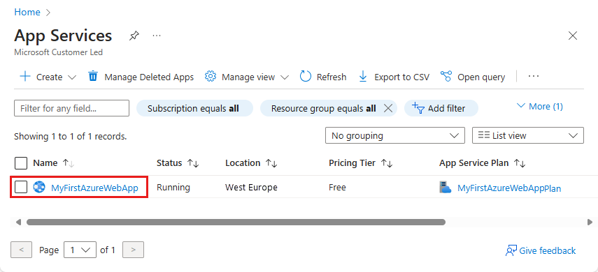 Screenshot della pagina Portale di Azure - Servizi app con un'app Web di esempio selezionata.