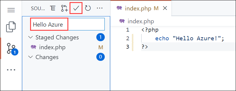 Screenshot di Visual Studio Code nel browser, pannello di controllo del codice sorgente con un messaggio di commit di Hello Azure.
