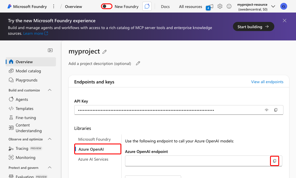 Screenshot che mostra come copiare l'endpoint OpenAI e l'endpoint del progetto Fonderia nel portale di Fonderia.