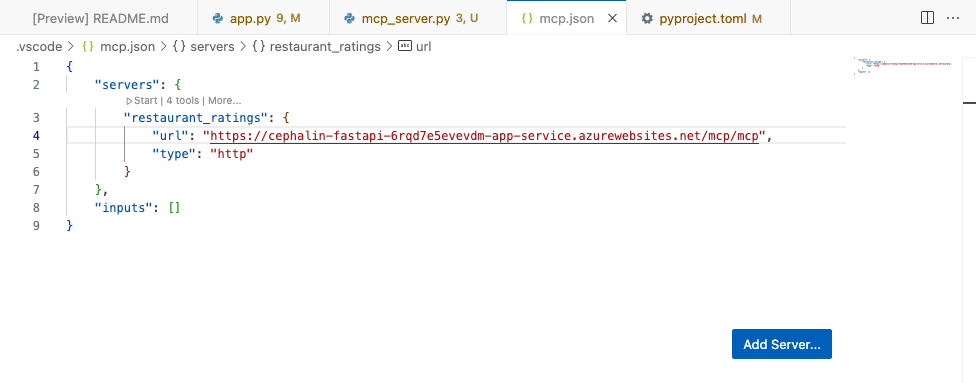 Screenshot che mostra come avviare manualmente un server MCP dal file mcp.json locale.