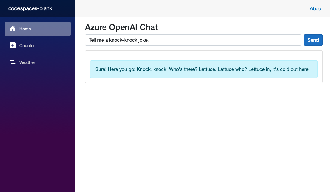Screenshot che mostra il chatbot in esecuzione nel servizio app di Azure.