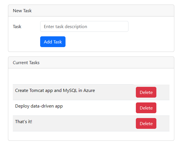 Screenshot dell'applicazione Tomcat che archivia i dati in MySQL.