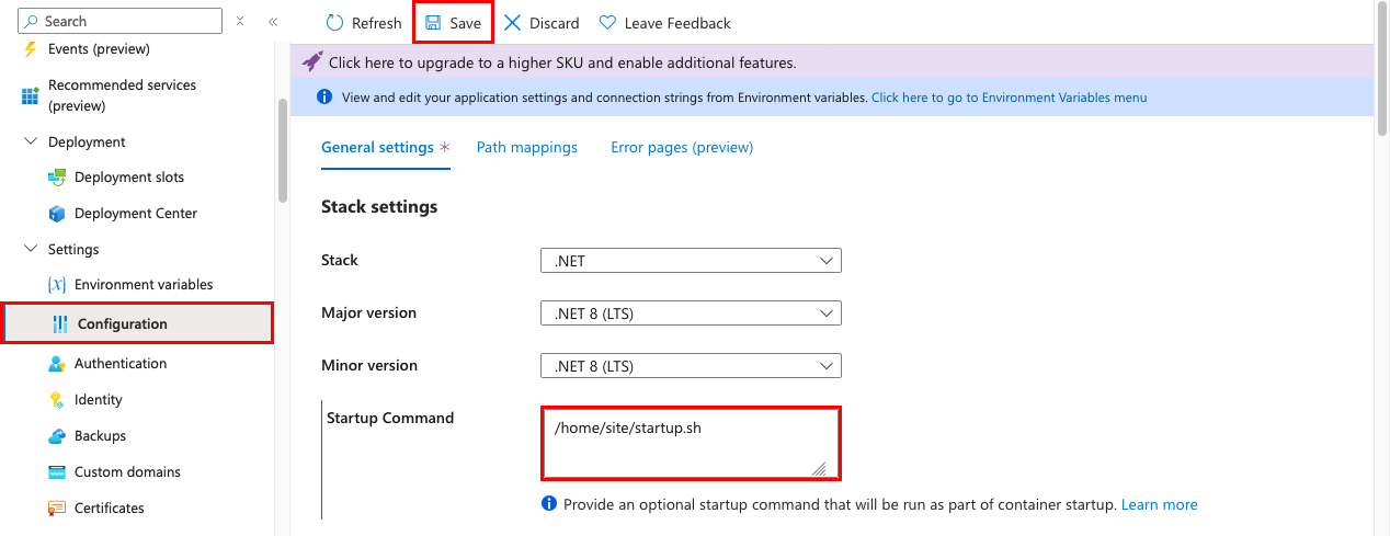 Screenshot che mostra come configurare un file di avvio personalizzato per un'app del servizio app nel portale di Azure.