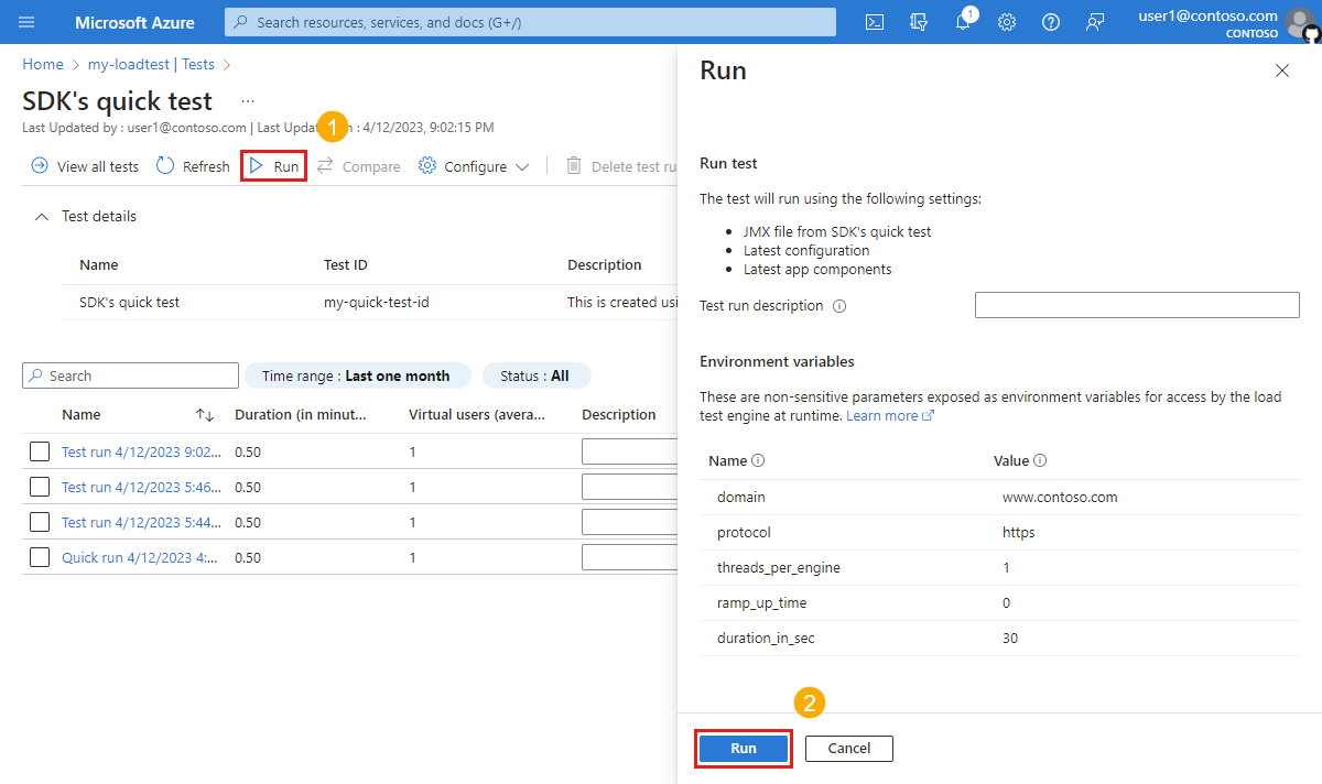 Screenshot che mostra la pagina Esegui test di carico nel portale di Azure, consentendo un override della descrizione dell'esecuzione del test e dei parametri di test.