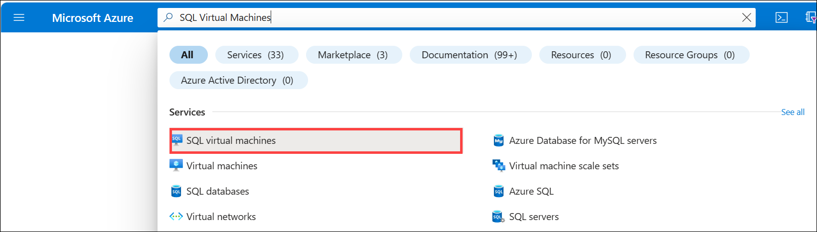 Schermata della selezione di macchine virtuali SQL nel portale di Azure.