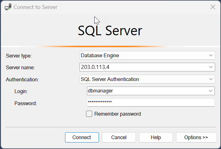 Screenshot che mostra la connessione a un server SQL.