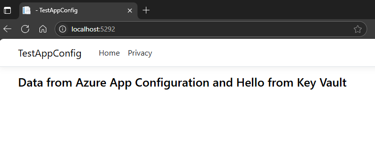 Screenshot di un browser aperto a localhost:5292. Il testo nella pagina indica Data da Configurazione app ed Hello da Key Vault.