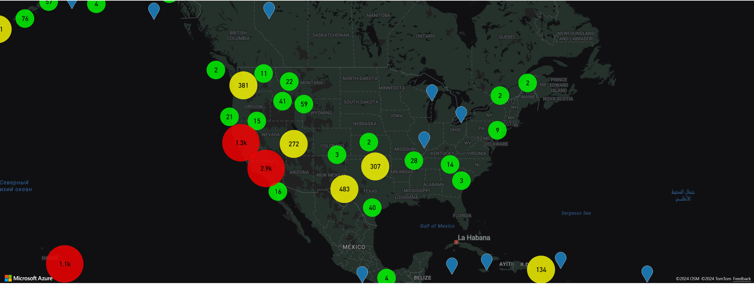 Screenshot con una mappa che mostra i cluster con un livello a bolle.