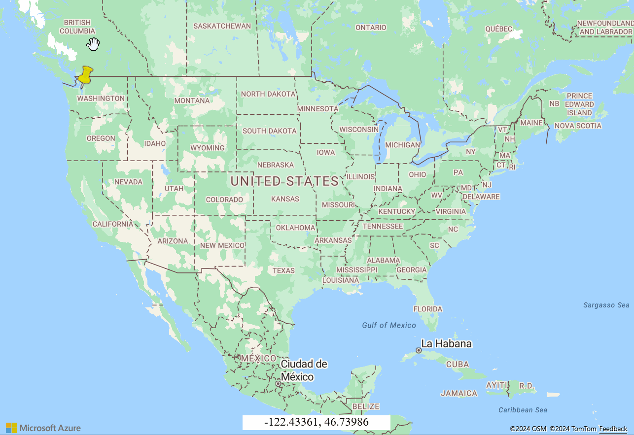 Screenshot che mostra una mappa degli Stati Uniti con un tacco del pollice giallo trascinato per dimostrare un marcatore HTML trascinabile.
