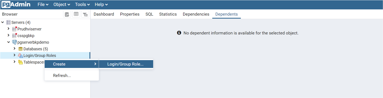 Screenshot che mostra le selezioni di menu per l'aggiunta di un nuovo ruolo di accesso o gruppo per gli utenti del database.