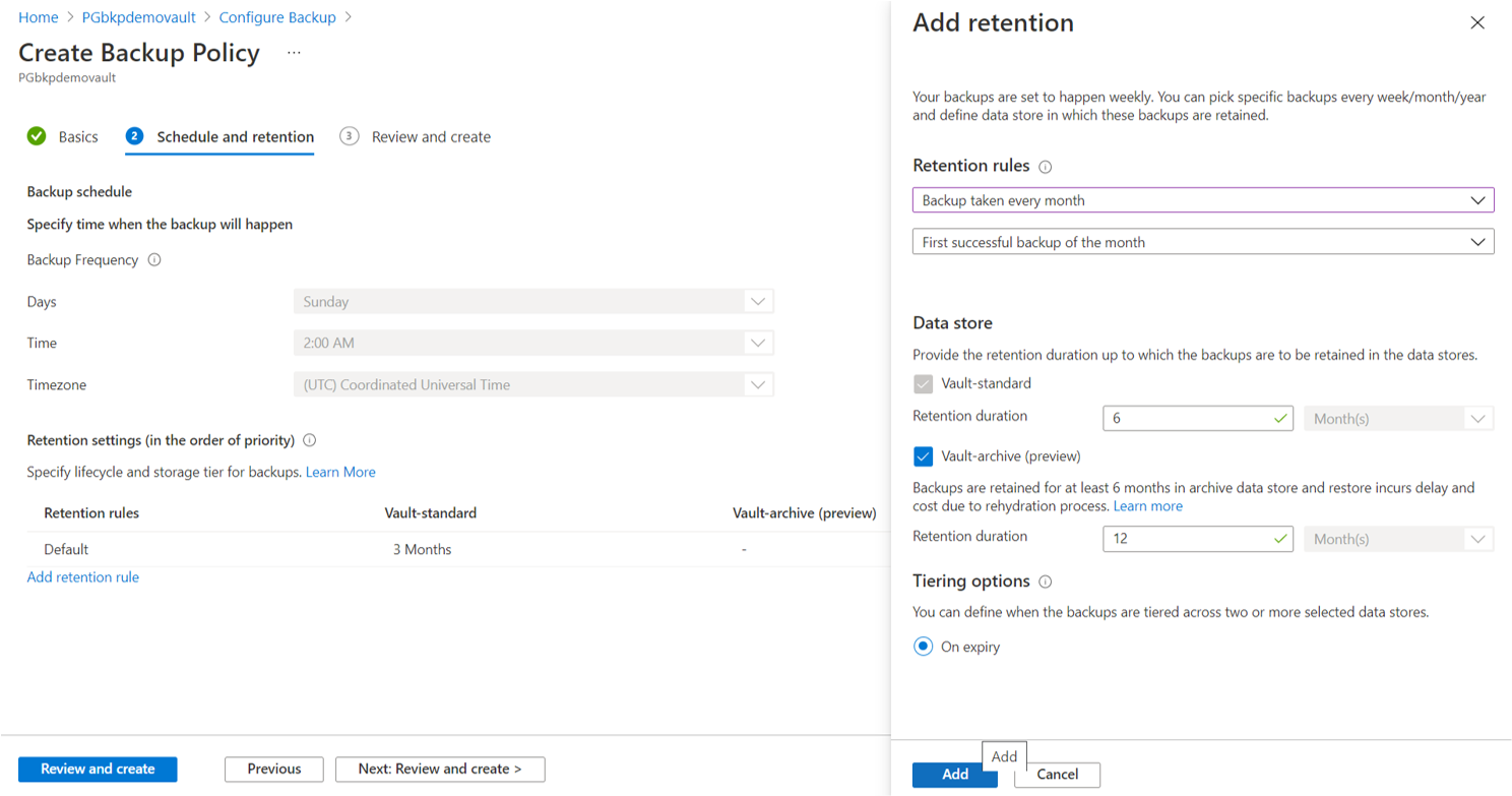 Screenshot che mostra l'opzione selezionata per spostare un backup nell'archivio dati di archiviazione alla scadenza.