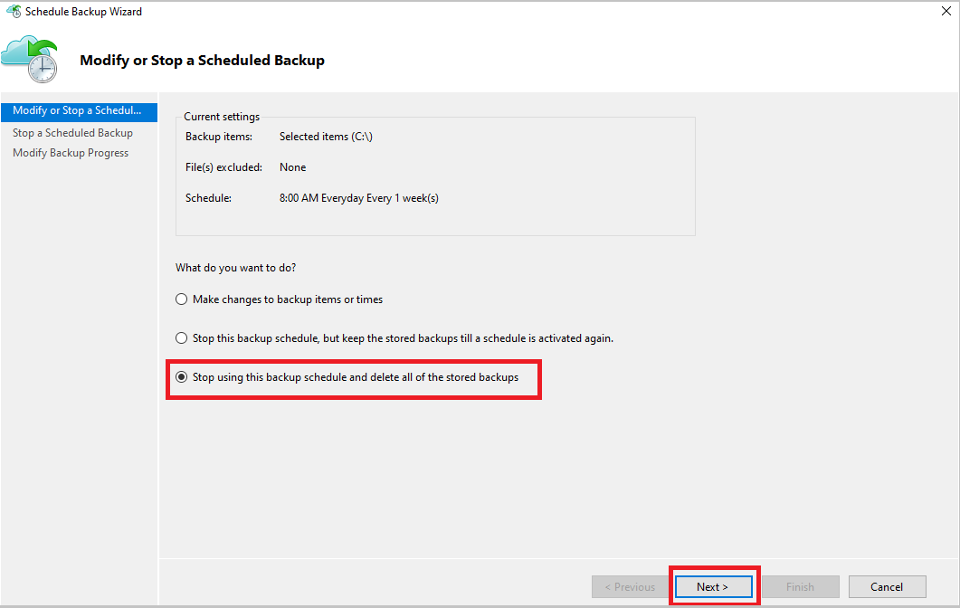Screenshot che mostra la modifica o l'arresto di un backup pianificato.