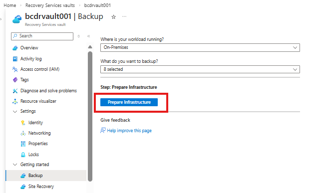 Screenshot che mostra l'opzione Prepara infrastruttura selezionata nel riquadro Obiettivi di backup.