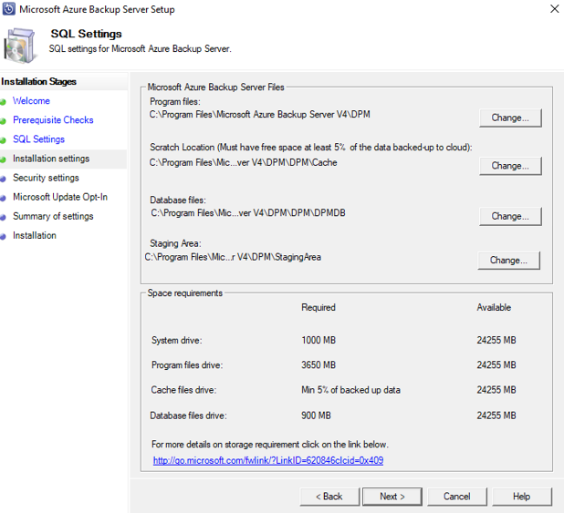 Screenshot che mostra come fornire la posizione per l'installazione dei file.