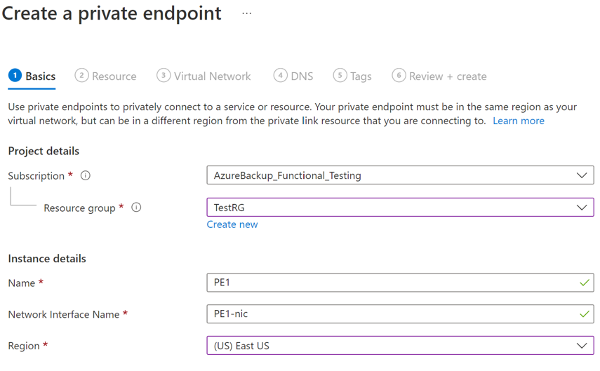 Screenshot della pagina 'Crea un endpoint privato' per inserire i dettagli necessari alla creazione dell'endpoint.