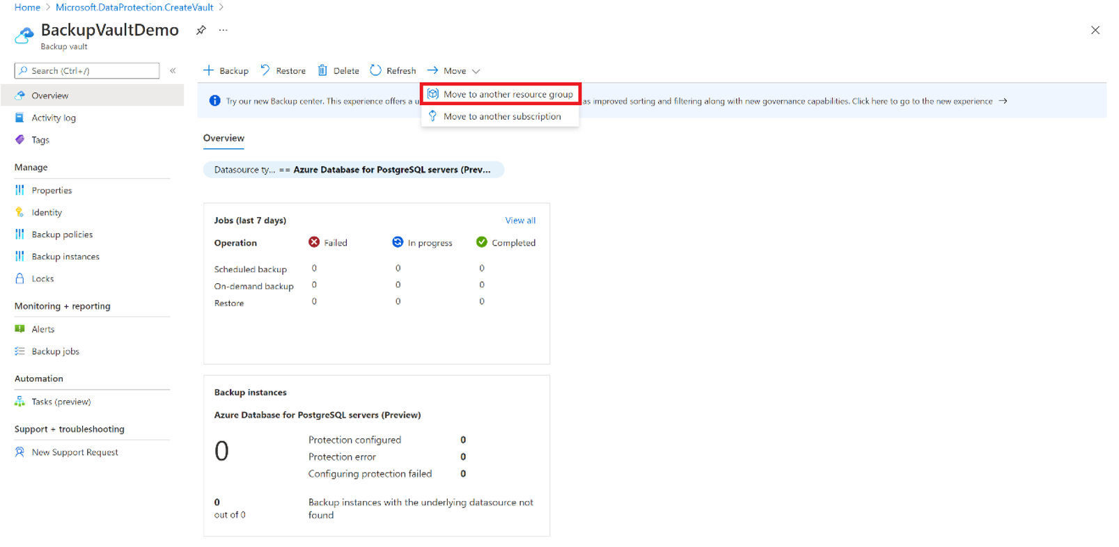 Screenshot che mostra l'opzione per spostare il vault di Backup in un altro gruppo di risorse.