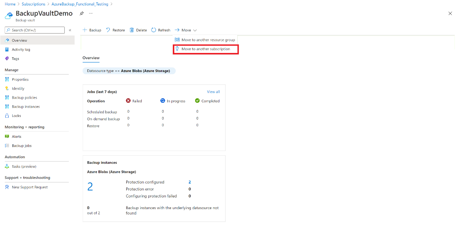Screenshot che mostra l'opzione per spostare la cassaforte di backup in un'altra sottoscrizione di Azure.