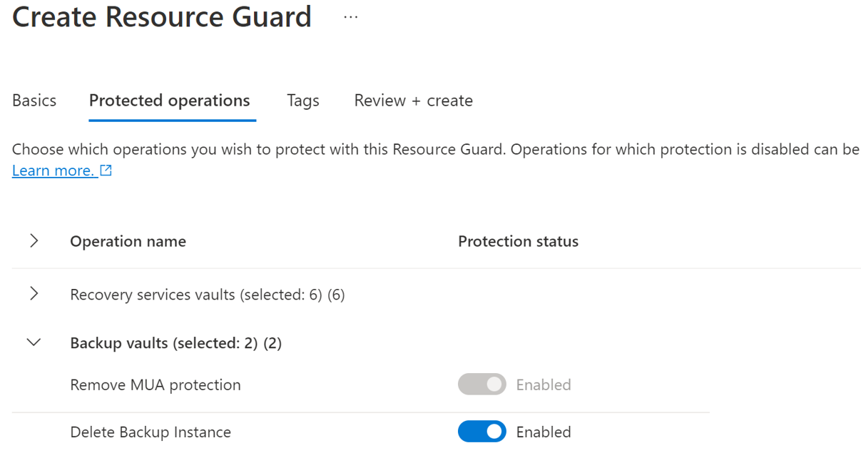 Screenshot che mostra come selezionare le operazioni da proteggere con Resource Guard.