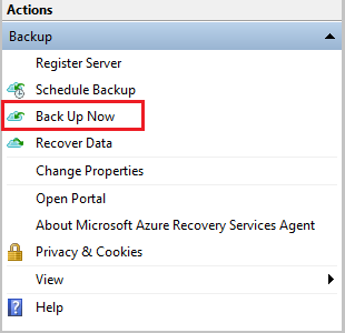 Screenshot che mostra come selezionare Esegui backup.