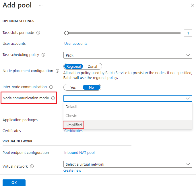 Screenshot che mostra la creazione di un pool con modalità semplificata.