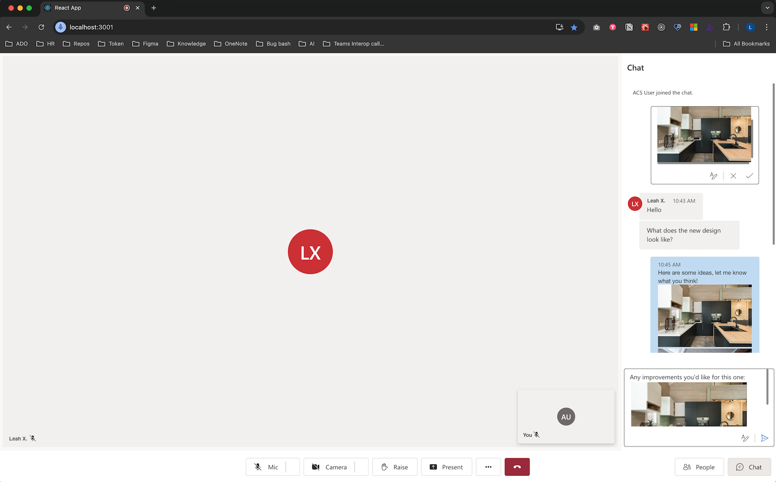 Screenshot che mostra la libreria dell'interfaccia utente di Servizi di comunicazione di Azure invia due immagini inline e modifica i messaggi.