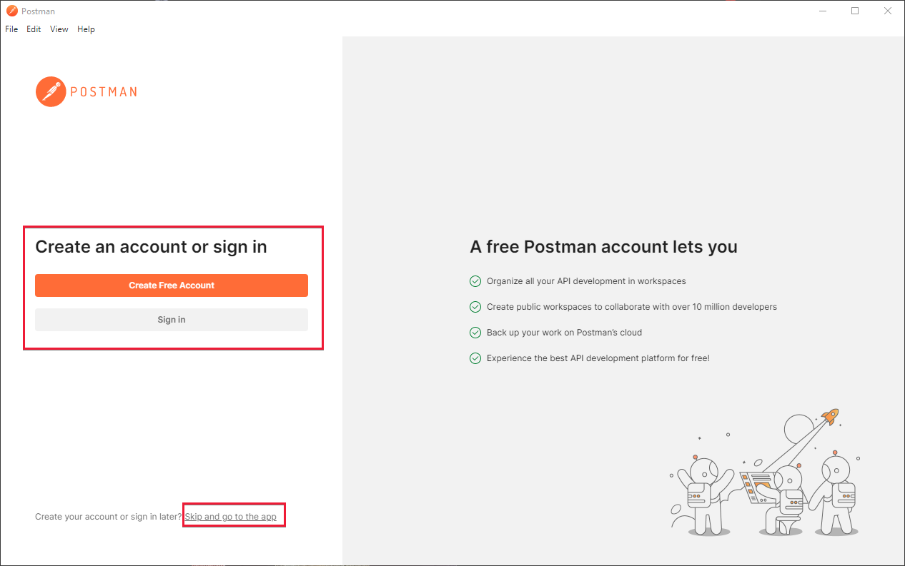Screenshot che mostra la schermata iniziale di Postman in cui è possibile creare un account o passare direttamente all'app.