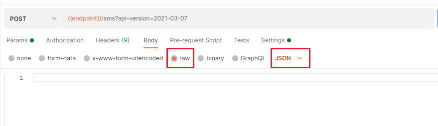 Screenshot che mostra l'impostazione del corpo della richiesta su raw e JSON.