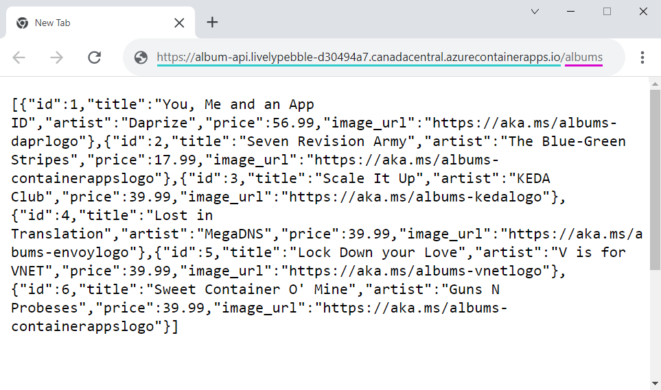 Screenshot della risposta dall'endpoint API degli album.