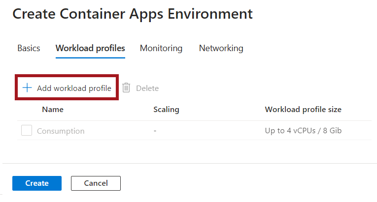Screenshot della finestra per aggiungere un profilo del carico di lavoro all'ambiente delle app contenitore.