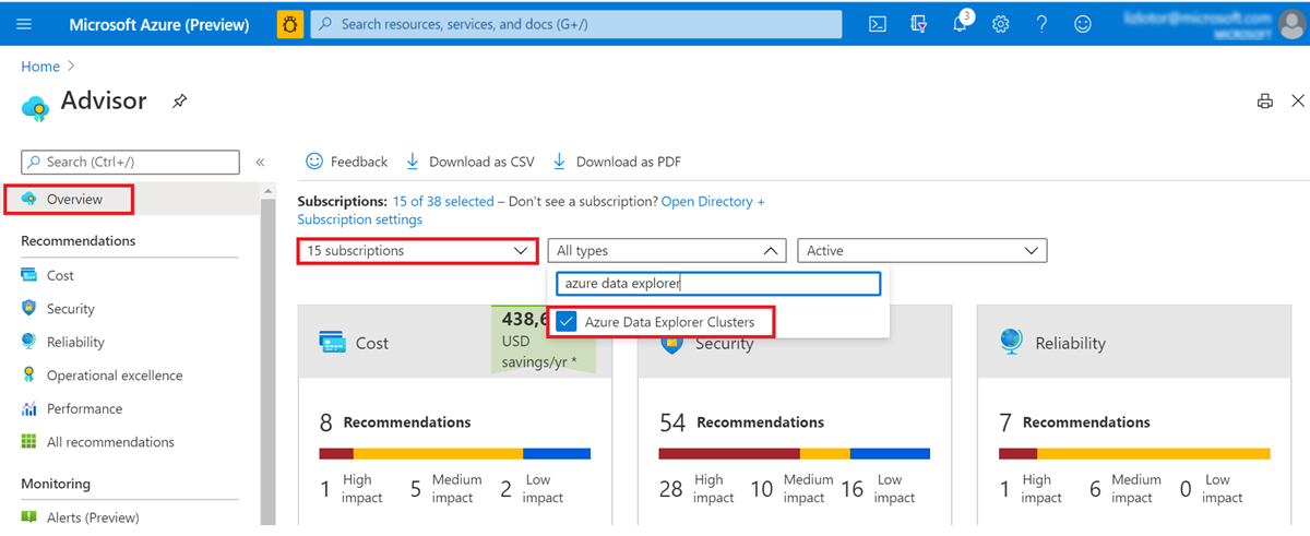 Screenshot della pagina risorse di Azure Advisor.