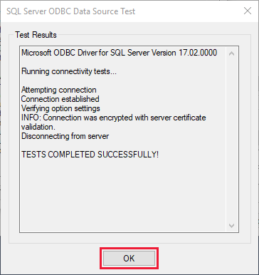 Screenshot dei risultati dell'origine dati di test che mostra un messaggio di conferma della connessione riuscito.