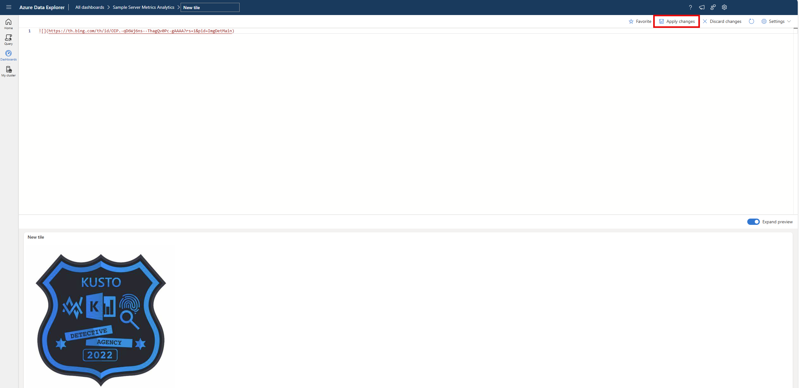 Screenshot del riquadro query del dashboard che mostra l'immagine di cui è stato eseguito il rendering. 
