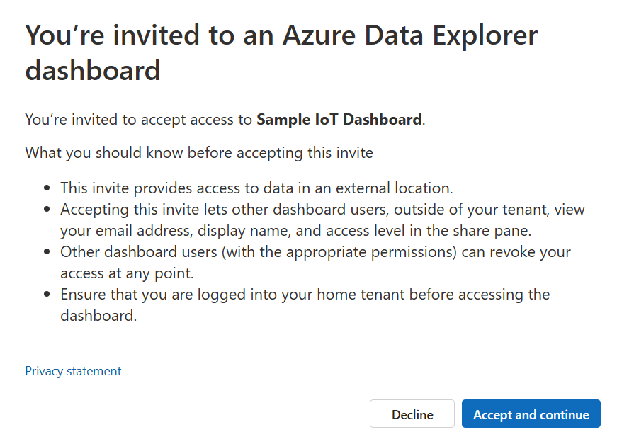 Screenshot dell'invito al dashboard. 