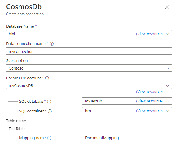 Screenshot del riquadro della connessione dati che mostra i campi del modulo con valori.