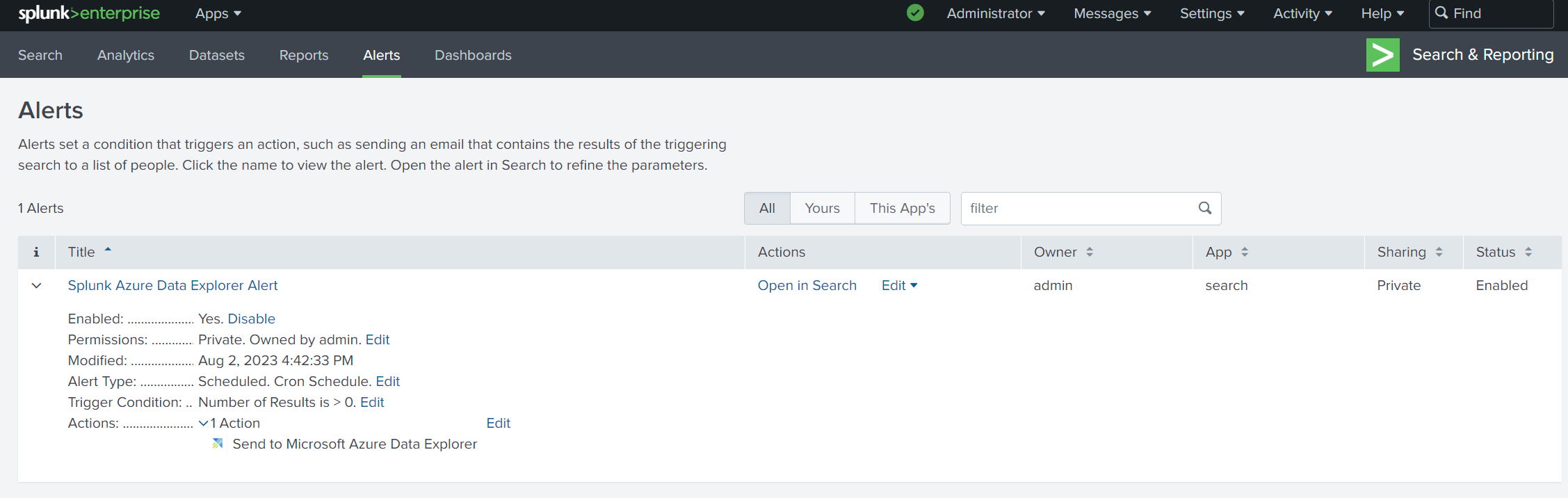 Screenshot della pagina crea avvisi che mostra il componente aggiuntivo azure Esplora dati.