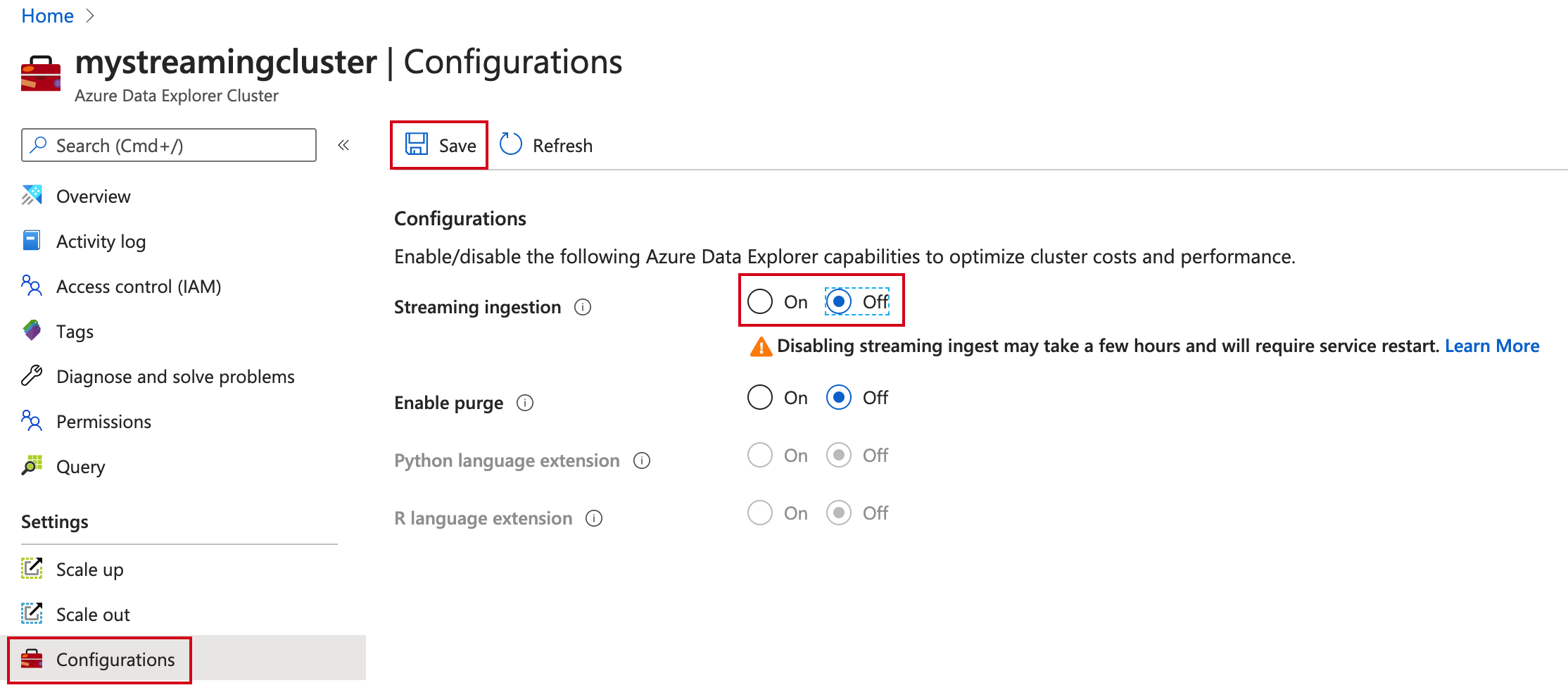 Disattivare l'inserimento in streaming in Azure Data Explorer.