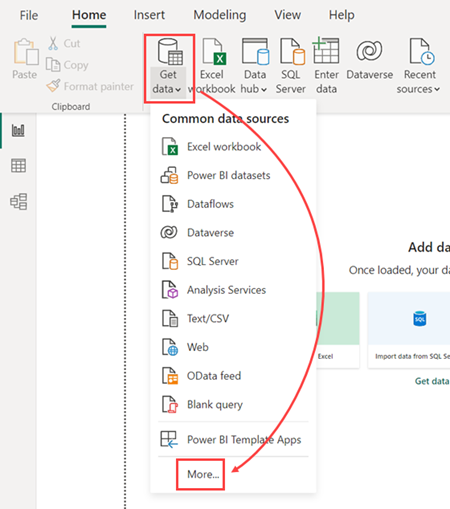 Screenshot della scheda principale in Power BI Desktop, che mostra il menu a discesa dell'opzione principale denominata 
