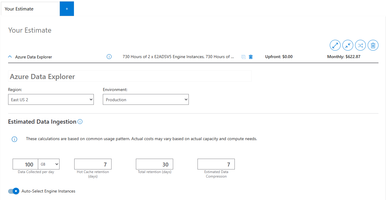 Screenshot del calcolatore prezzi online di Azure Esplora dati.